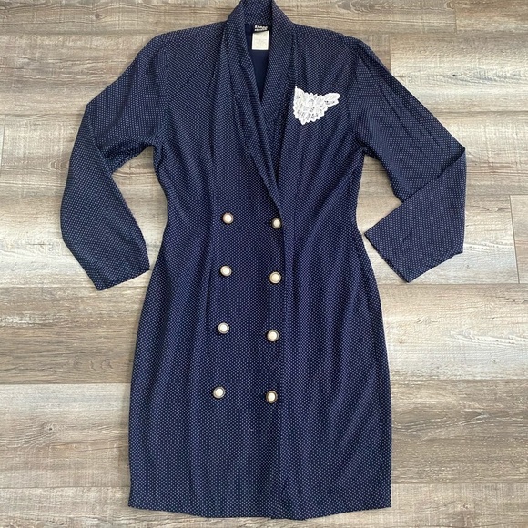 Vintage Womens Polka Dot Long Sleeve Double Breasted Sheath Dress - Picture 1 of 11
